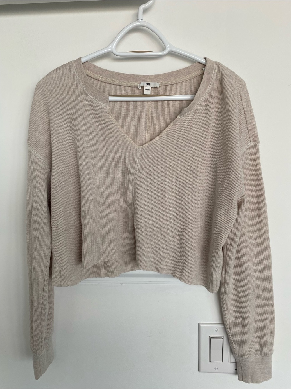 bp Light Beige Cropped V-Neck Ribbed Sweater